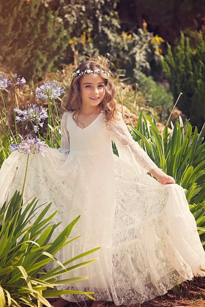 White Lace Flower Girl Dress with Flared Sleeves - Image 6
