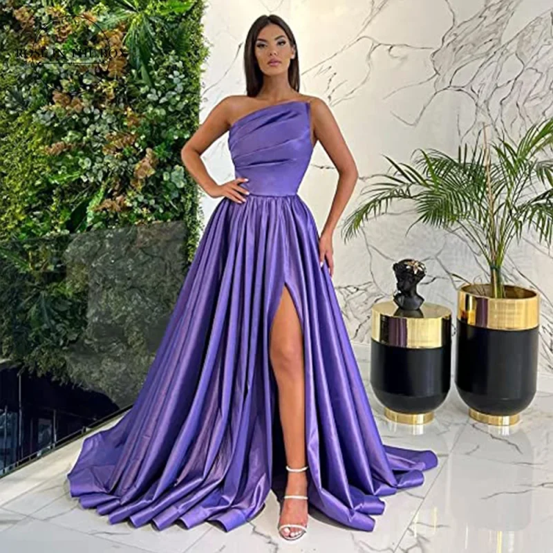 One Shoulder Satin Ball Gown with Slit
