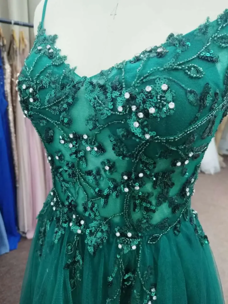 Dark Green A-Line Tulle Evening Dress - Image 5