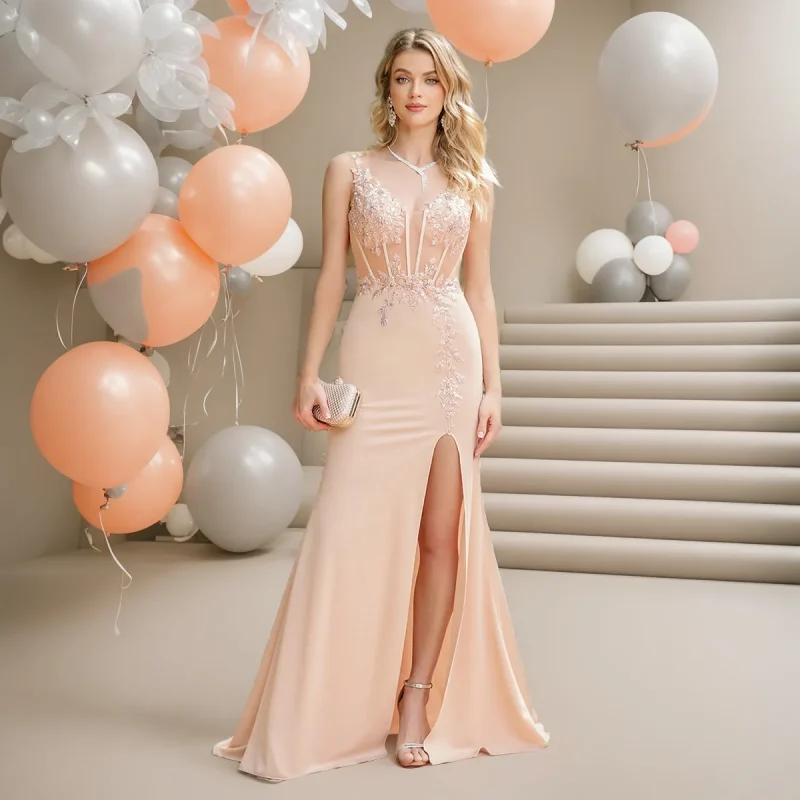 Pearl Pink Beaded V-Neck Mermaid Dress
