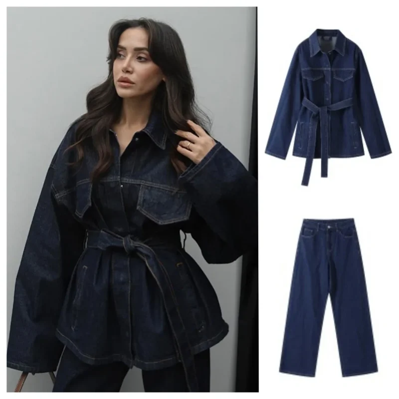 Lapel Belt Denim Jacket & Wide-Leg Jeans Set