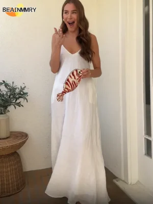 White Cotton Linen Sling Dress