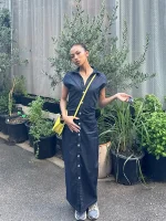 Lapel Pleat Denim Dress & Baggy Skirt Set
