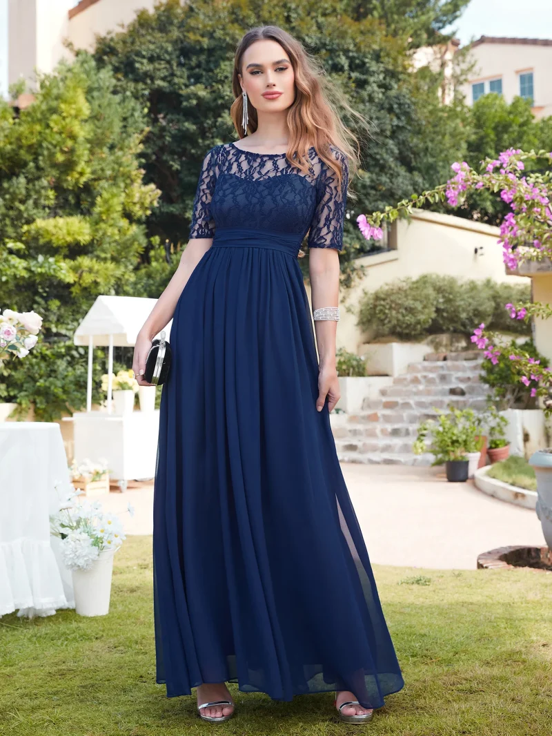 Lace Half-Sleeve V-Backless Chiffon Evening Gown