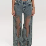 Cut-out Gradient Mesh Patchwork Denim Jeans