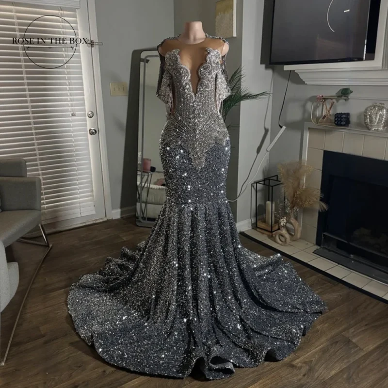 Sparkly Mermaid Prom Dress with Off-Shoulder Straps