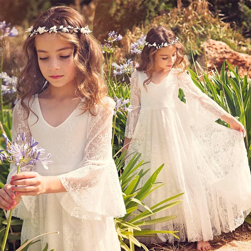 White Lace Flower Girl Dress with Flared Sleeves