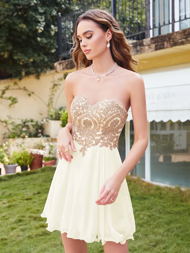 Chiffon Strapless Lace Short Party Dress