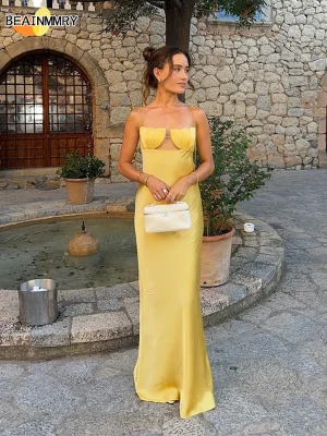 Yellow Satin Off-Shoulder Maxi Dress