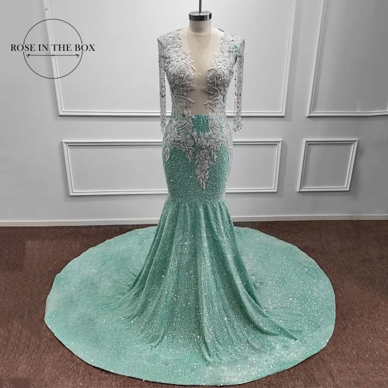 Luxury Mint Green Beaded Mermaid Prom Dress