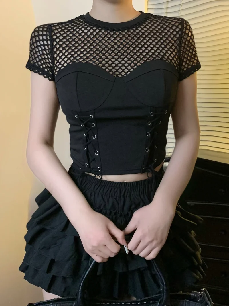 Gothic Cyberpunk Mesh Crop Tee - Image 3