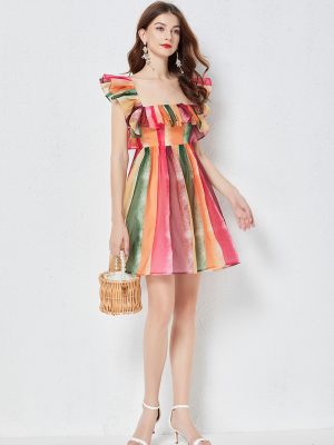 Women’s Rainbow Striped Crystal Yarn Strapless Dress