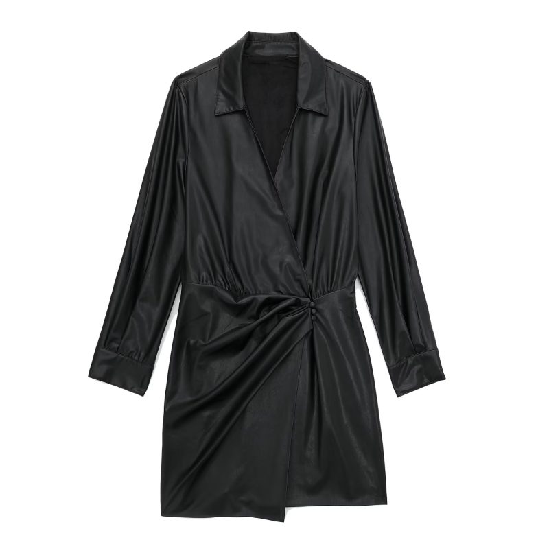 Autumn Faux Leather Pleated Decorative Dress - Image 2
