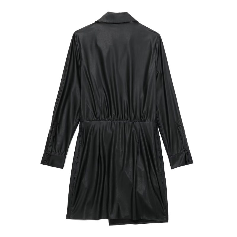 Autumn Faux Leather Pleated Decorative Dress - Image 3