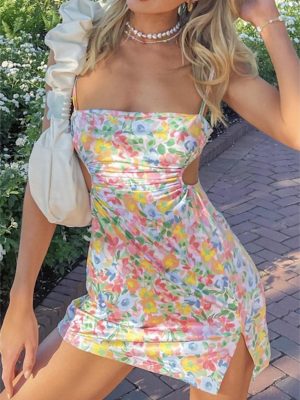 Tropical Blooming Print Elastic Waist Strap Dress for Spring