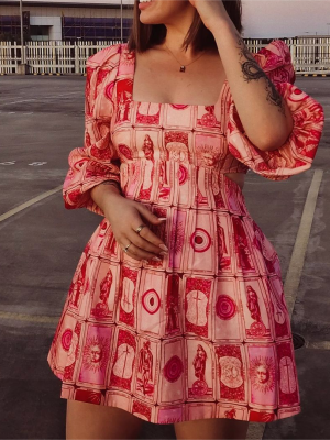 Retro Printed Lantern Sleeve Cutout Winter Dress