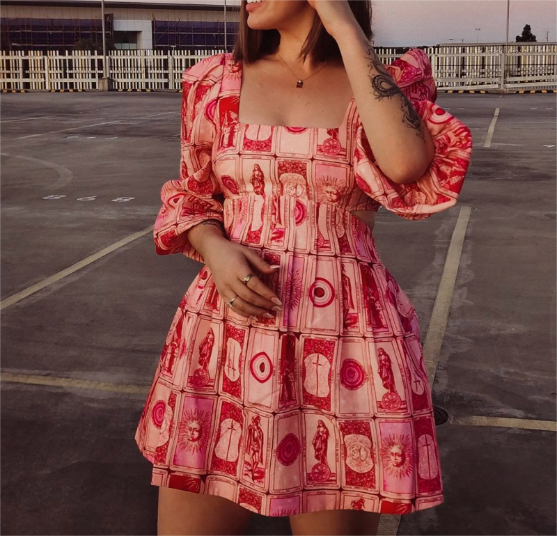 Retro Printed Lantern Sleeve Cutout Winter Dress