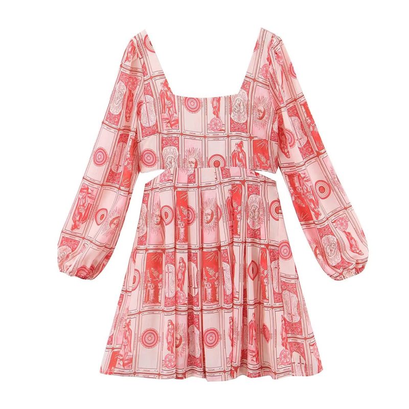 Retro Printed Lantern Sleeve Cutout Winter Dress - Image 3