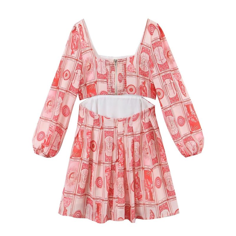 Retro Printed Lantern Sleeve Cutout Winter Dress - Image 4