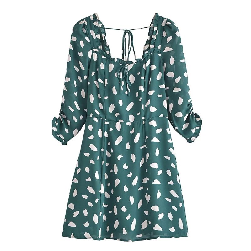 Women’s Dot Print Slim Fit Lace-Up Dress - Image 3