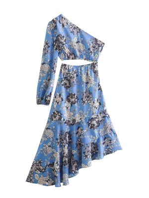 Asymmetric Cutout Waist Print Dress for Spring