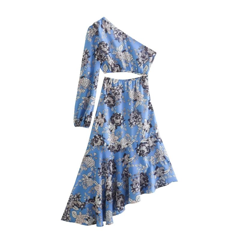 Asymmetric Cutout Waist Print Dress for Spring