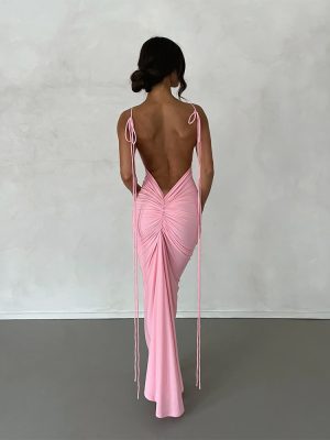 Elegant Backless Pleated Evening Strap Dress
