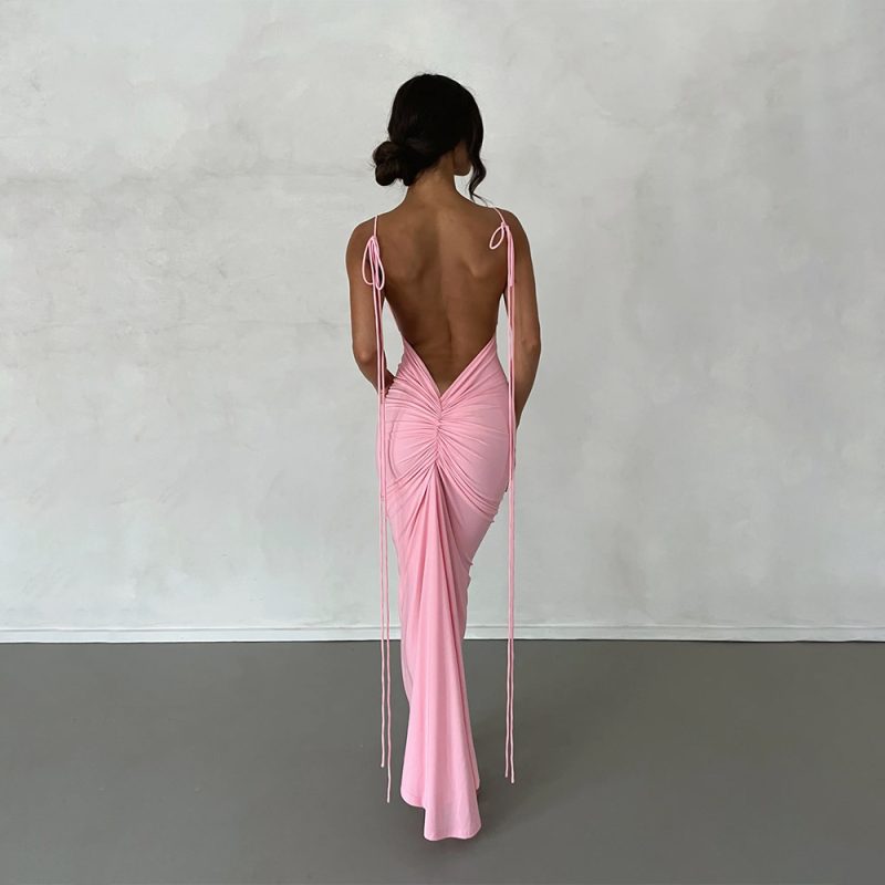 Elegant Backless Pleated Evening Strap Dress
