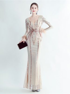 High-End Floral Sequin Ostrich Feather Long Sleeve Dress