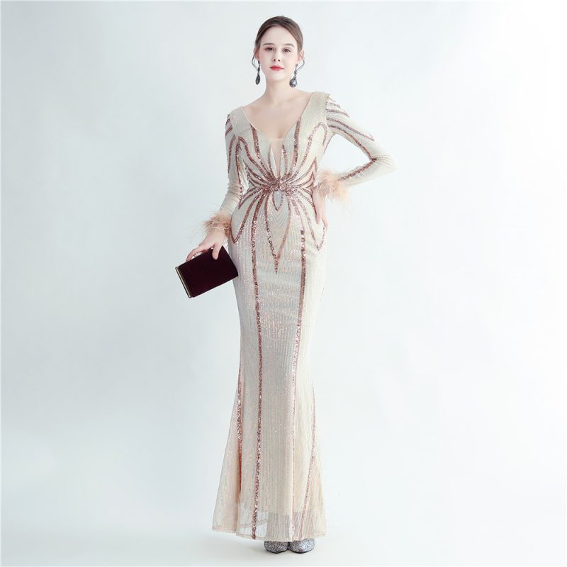 High-End Floral Sequin Ostrich Feather Long Sleeve Dress