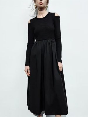 French Patchwork Off Shoulder Knitted Dress