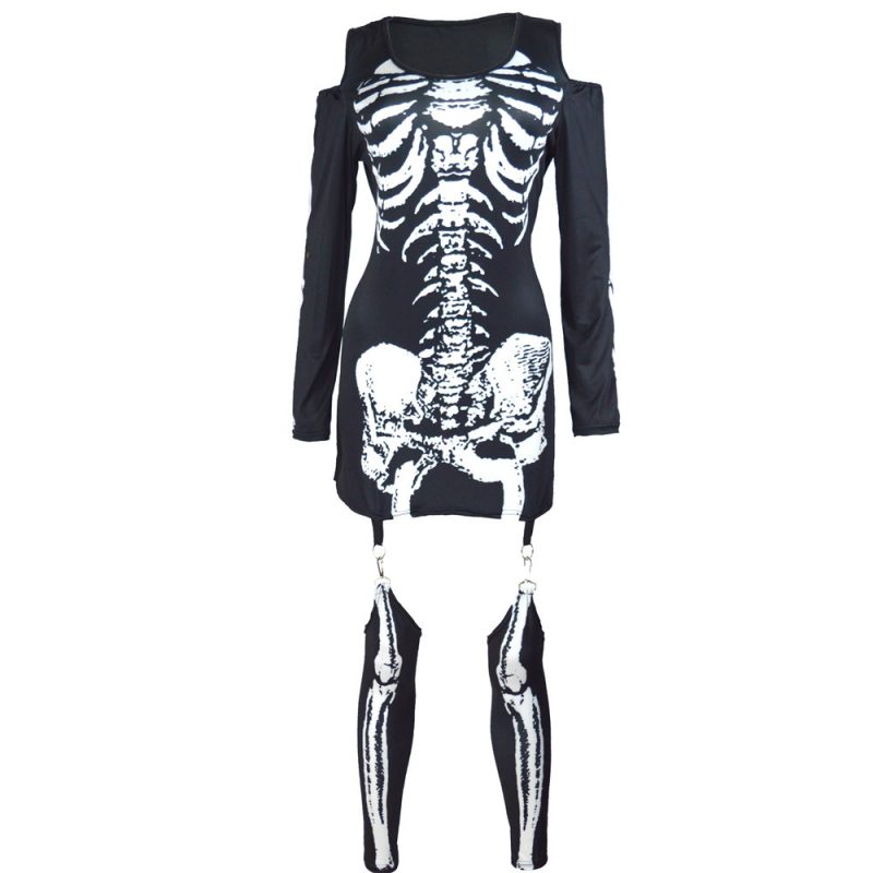Skull Print Off Shoulder Halloween Costume Dress - Image 4