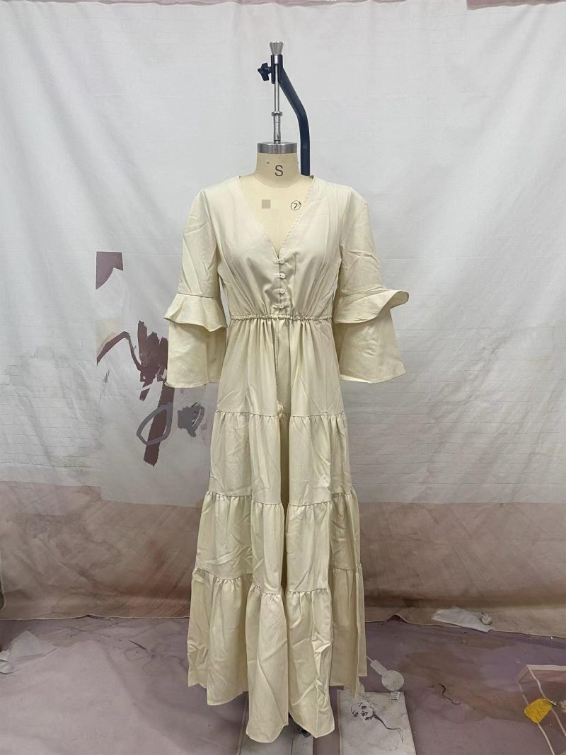 Spring Summer V-Neck Lace-Up Solid Dress - Image 3