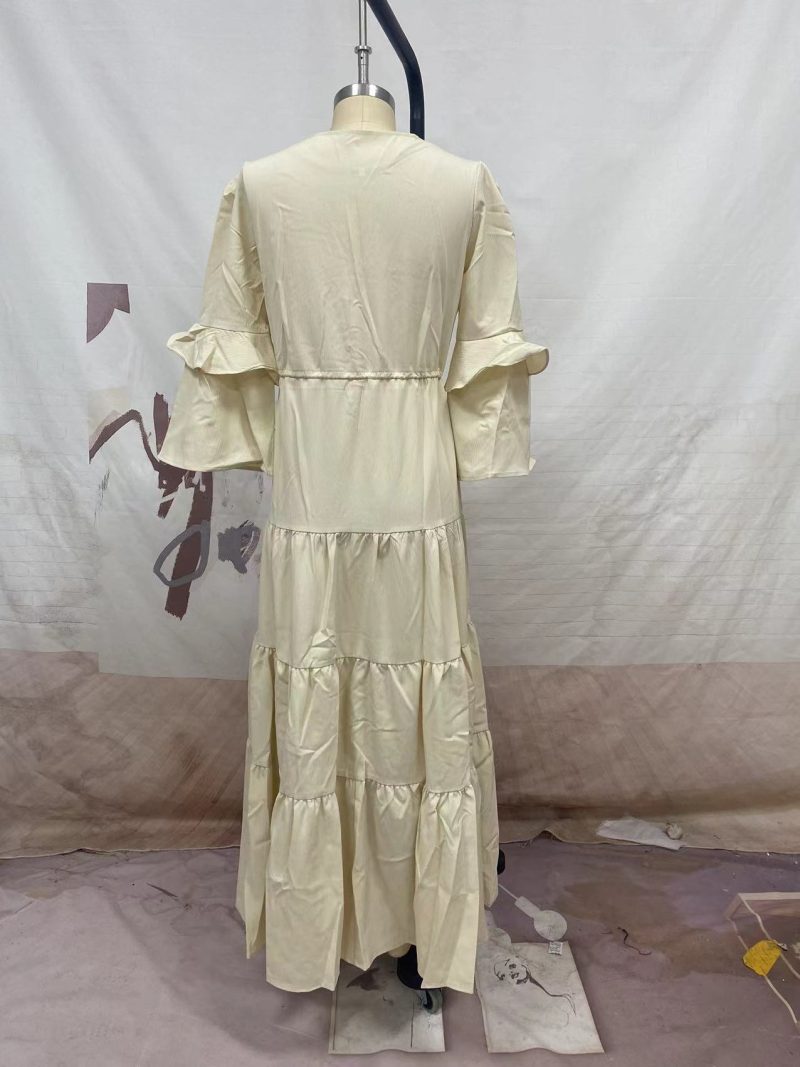 Spring Summer V-Neck Lace-Up Solid Dress - Image 4