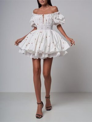 Women’s Cherry Print Puff Sleeve Square Collar Dress