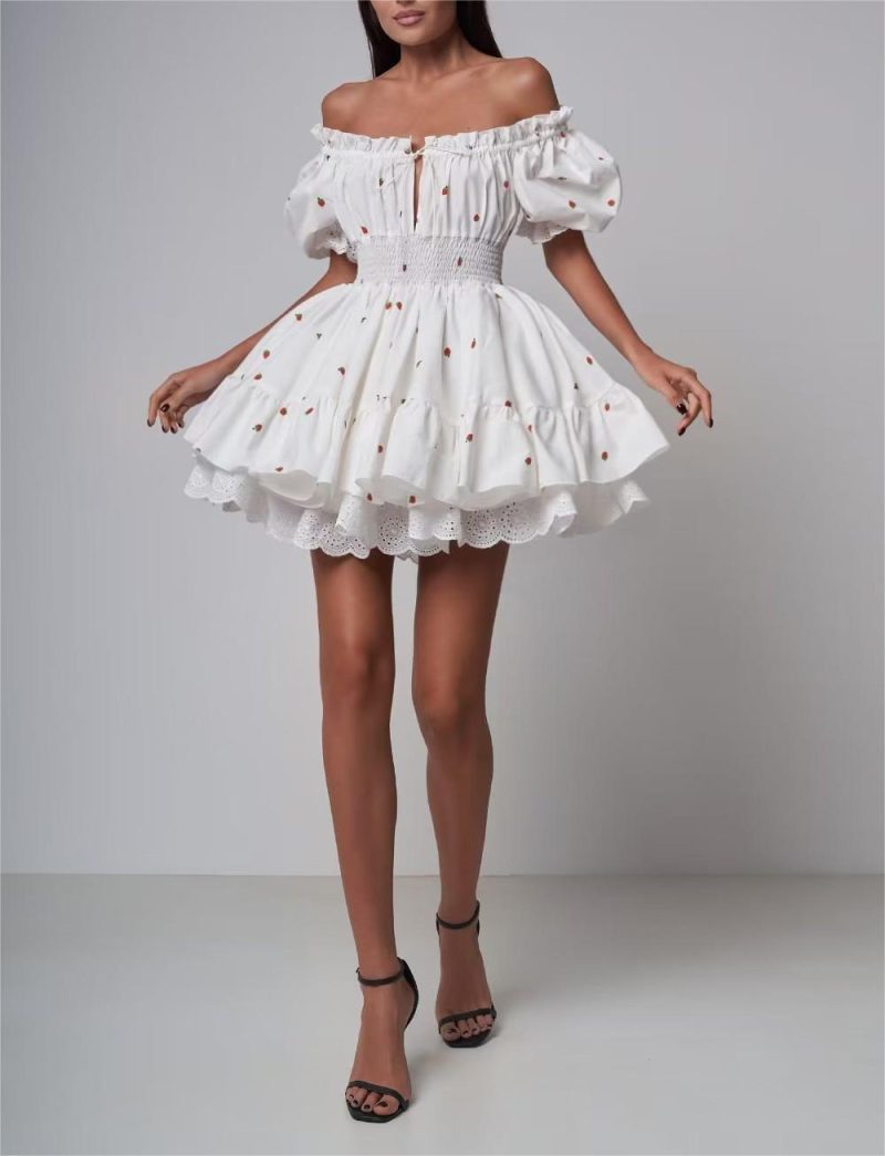 Women’s Cherry Print Puff Sleeve Square Collar Dress