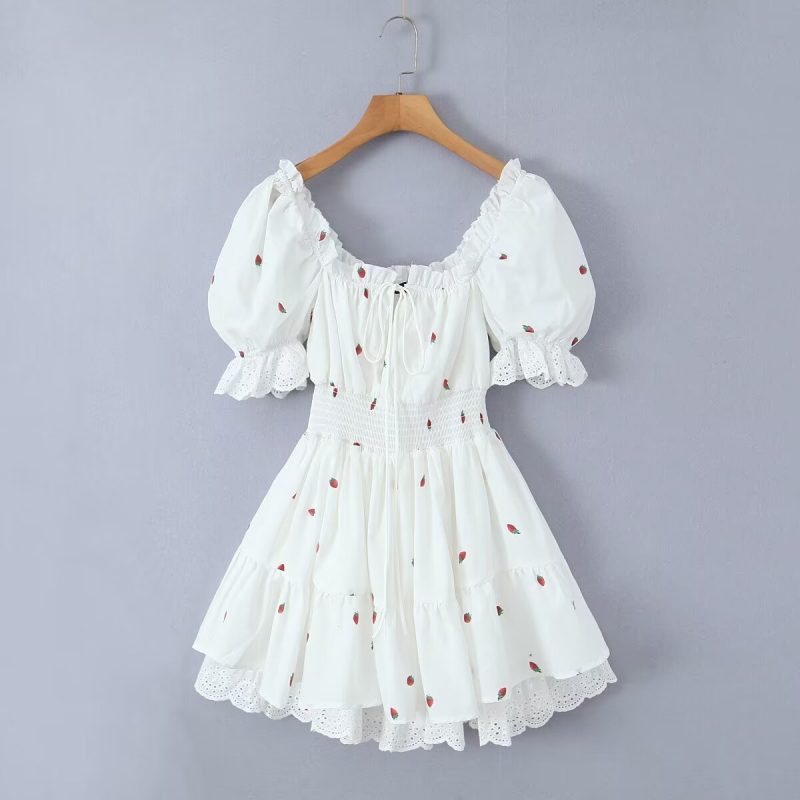 Women’s Cherry Print Puff Sleeve Square Collar Dress - Image 2