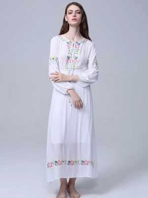 Bohemian Embroidered White Drawstring Waist Dress