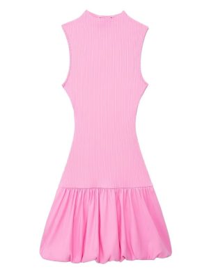 French Sleeveless Puffy Balloon Rib Casual Dress