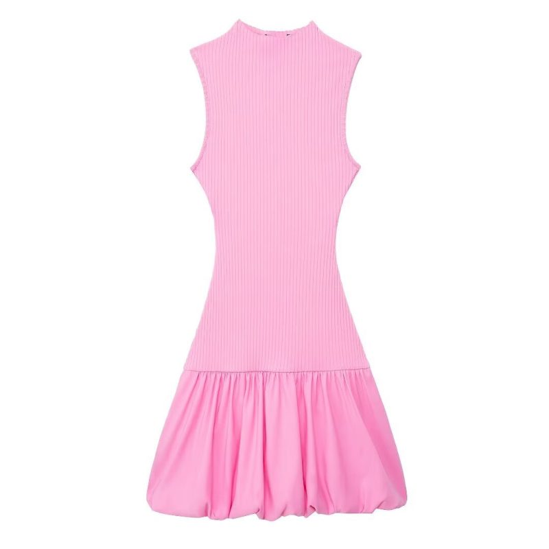 French Sleeveless Puffy Balloon Rib Casual Dress