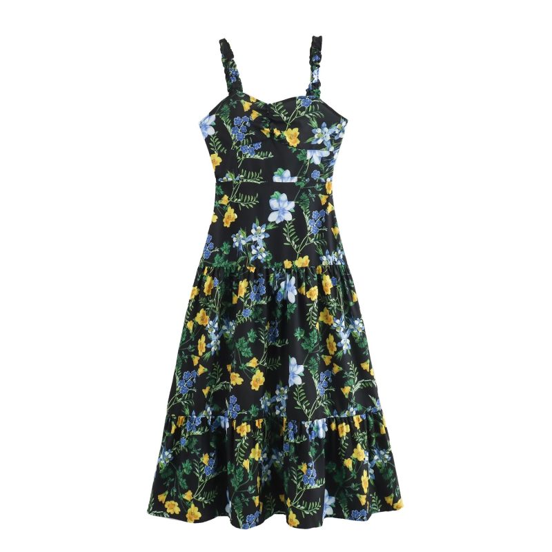 Floral Print Loose Midi Sling Summer Dress