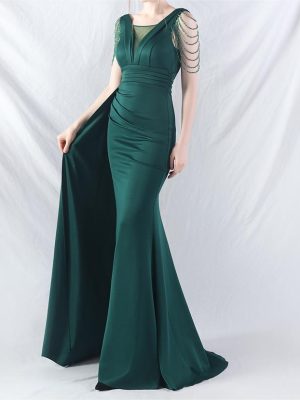 Beaded Satin Folded Evening Dress