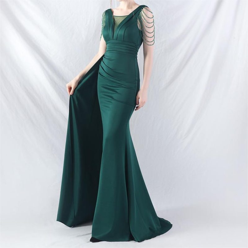 Beaded Satin Folded Evening Dress