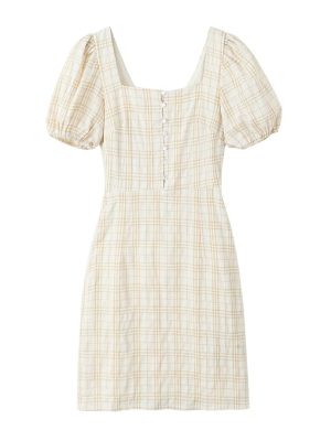 Summer Square Collar Backless Plaid Bubble Dress