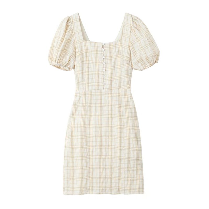 Summer Square Collar Backless Plaid Bubble Dress