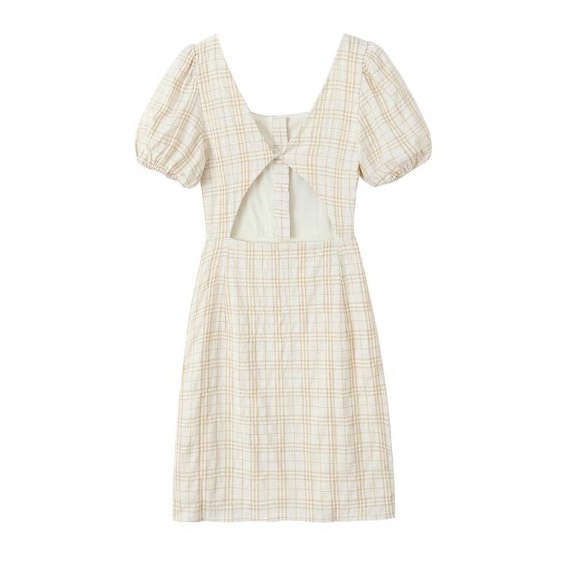 Summer Square Collar Backless Plaid Bubble Dress - Image 2