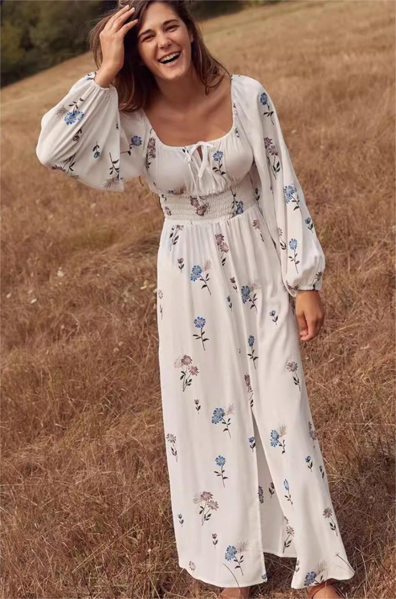 Vintage Embroidered Floral Split Hem Dress