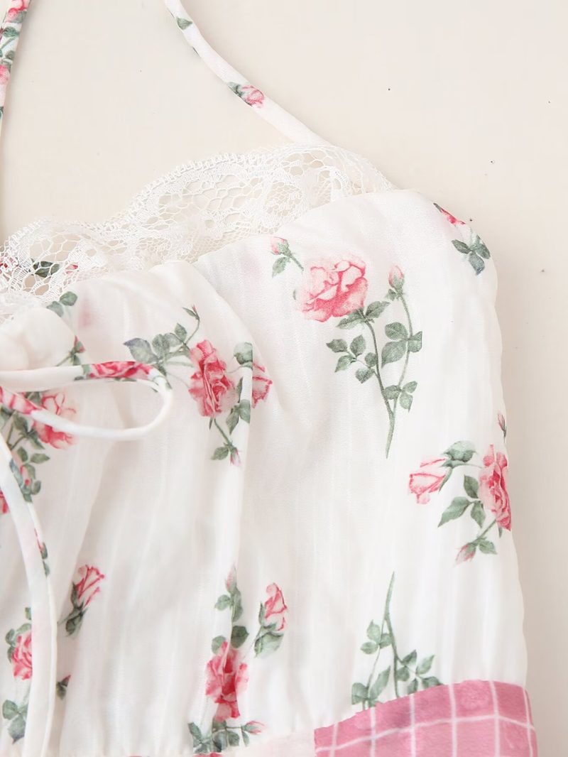 Sweet Halter Floral Stitch Summer Vacation Dress - Image 3