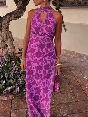Elegant Printed Halter Dress for Summer Women