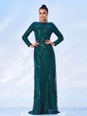 Long Sleeve Round Neck Sequin Evening Dress